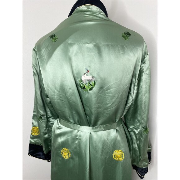 Vintage 100% Silk Kimono Robe Light Green Black XXL Embroidered Bird Floral Leaf - Picture 11 of 16